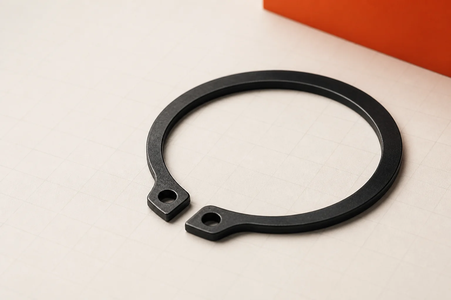 A DIN 471 external circlip, showing the two lugs and plier holes either side of the gap
