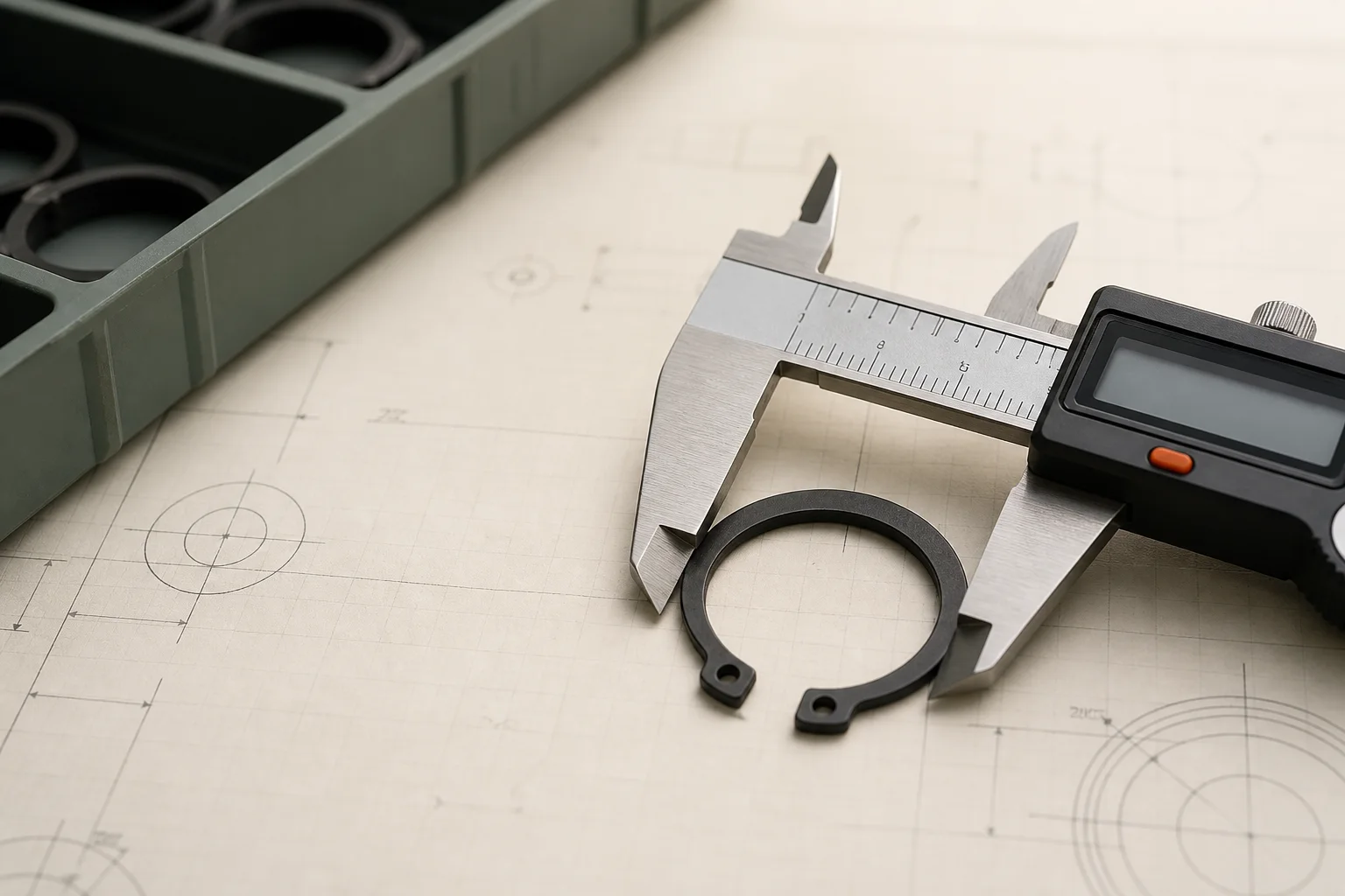 A circlip being measured across the gap with digital calipers, on an engineering drawing